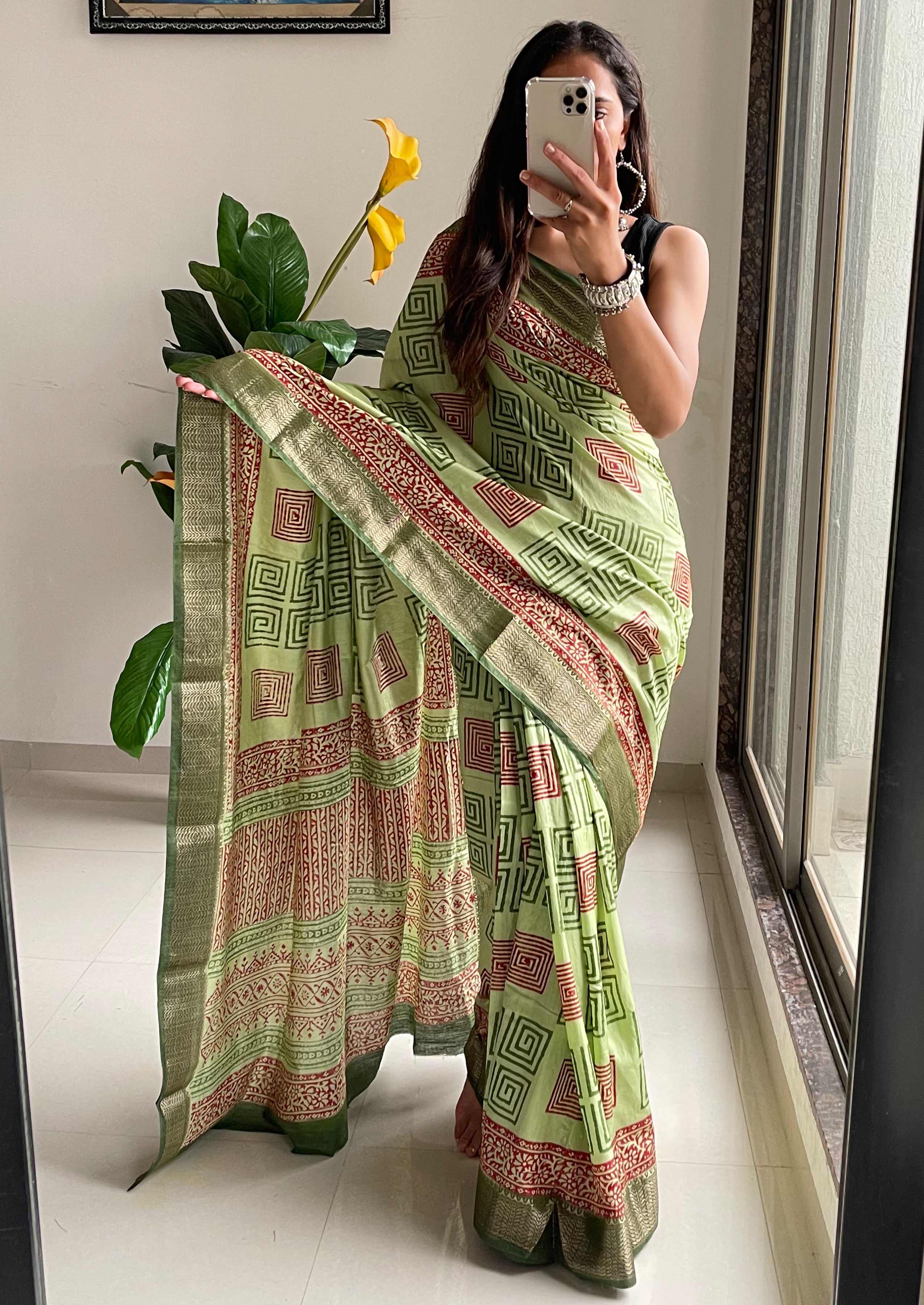 SUTRA2 NATURAL CELLULOSE NYLON AND VISCOSE HAND BLOCK SUTRA SILK PISTA GREEN SAREE