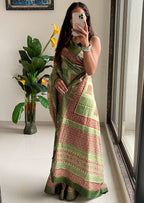 SUTRA2 NATURAL CELLULOSE NYLON AND VISCOSE HAND BLOCK SUTRA SILK PISTA GREEN SAREE