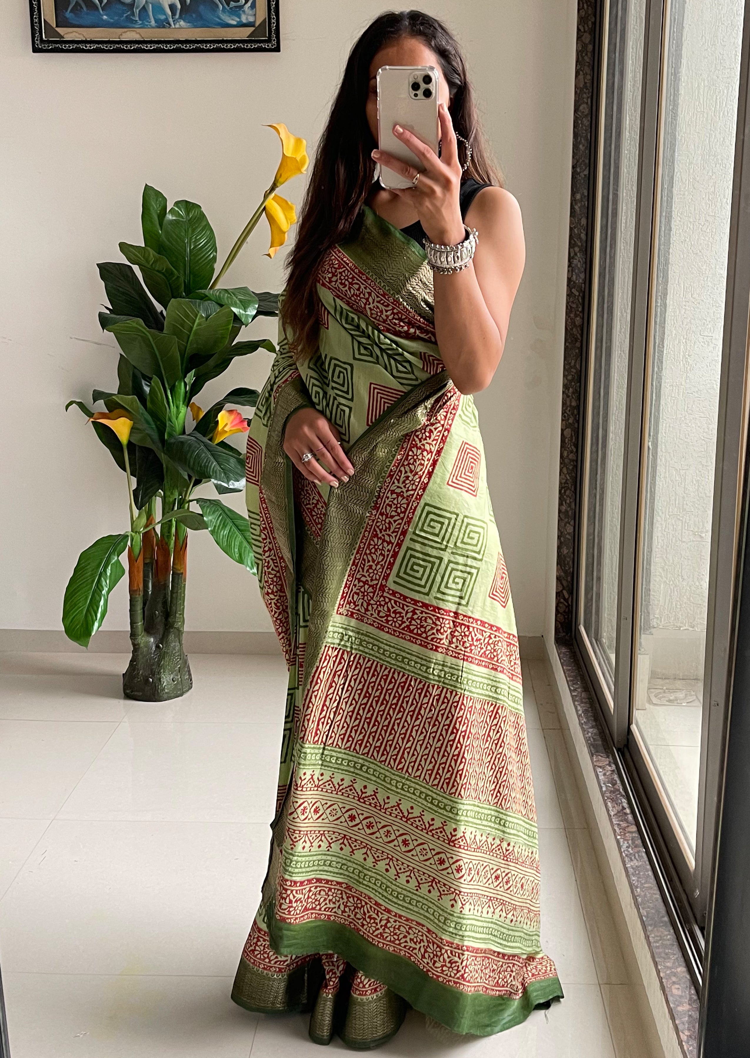 SUTRA2 NATURAL CELLULOSE NYLON AND VISCOSE HAND BLOCK SUTRA SILK PISTA GREEN SAREE