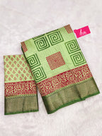 SUTRA2 NATURAL CELLULOSE NYLON AND VISCOSE HAND BLOCK SUTRA SILK PISTA GREEN SAREE