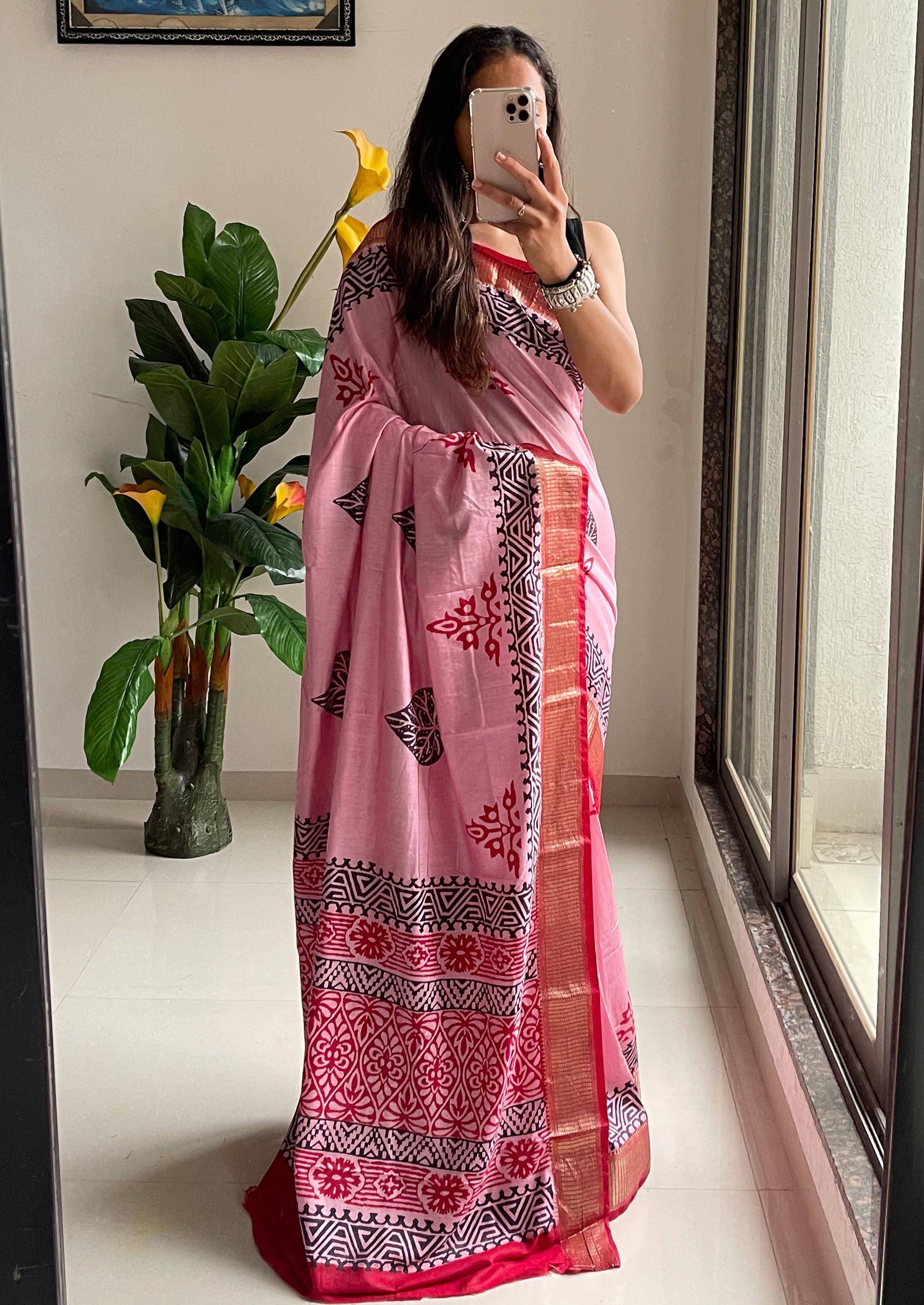 SUTRA3 NATURAL CELLULOSE NYLON AND VISCOSE HAND BLOCK SUTRA SILK BABY PINK SAREE