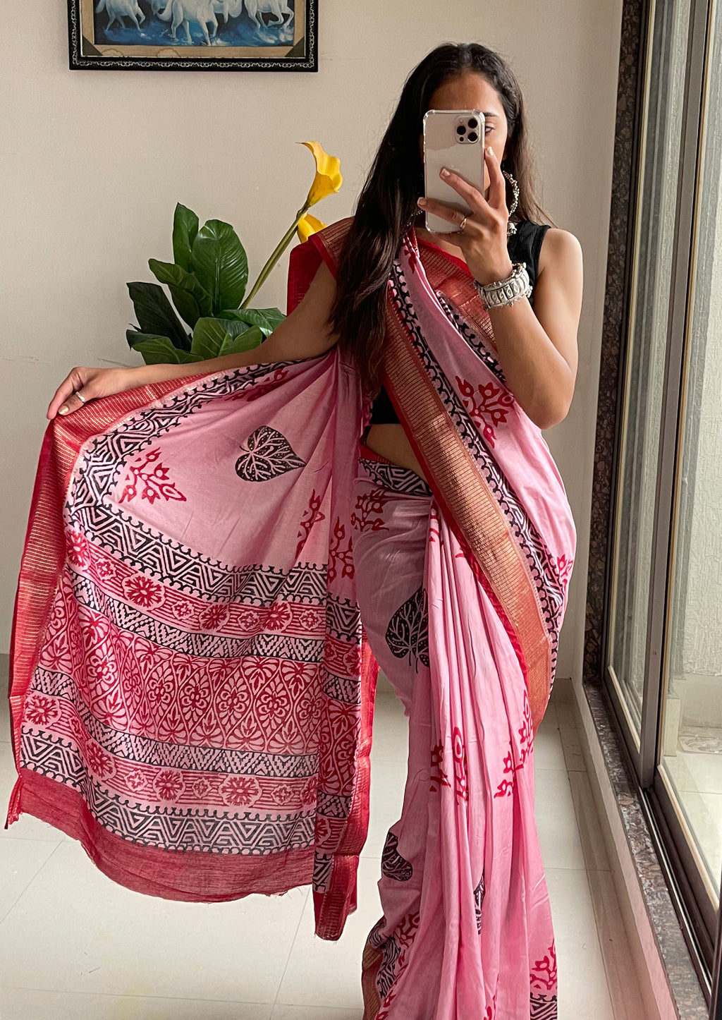SUTRA3 NATURAL CELLULOSE NYLON AND VISCOSE HAND BLOCK SUTRA SILK BABY PINK SAREE