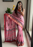 SUTRA3 NATURAL CELLULOSE NYLON AND VISCOSE HAND BLOCK SUTRA SILK BABY PINK SAREE