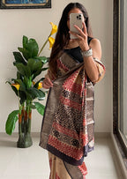 SUTRA3 NATURAL CELLULOSE NYLON AND VISCOSE HAND BLOCK SUTRA SILK BEIGE SAREE