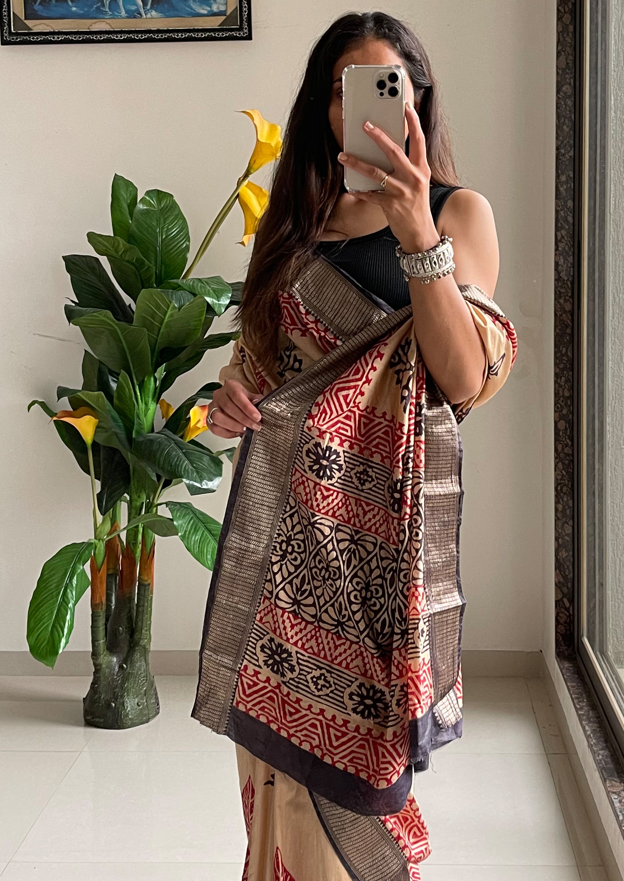 SUTRA3 NATURAL CELLULOSE NYLON AND VISCOSE HAND BLOCK SUTRA SILK BEIGE SAREE