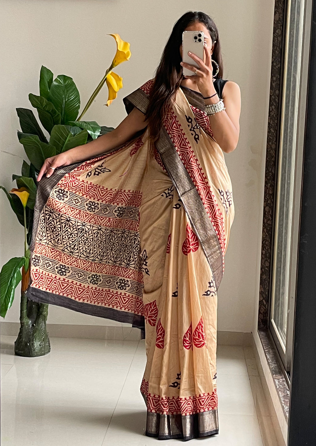 SUTRA3 NATURAL CELLULOSE NYLON AND VISCOSE HAND BLOCK SUTRA SILK BEIGE SAREE