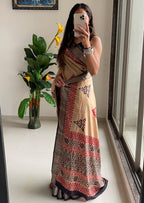 SUTRA3 NATURAL CELLULOSE NYLON AND VISCOSE HAND BLOCK SUTRA SILK BEIGE SAREE