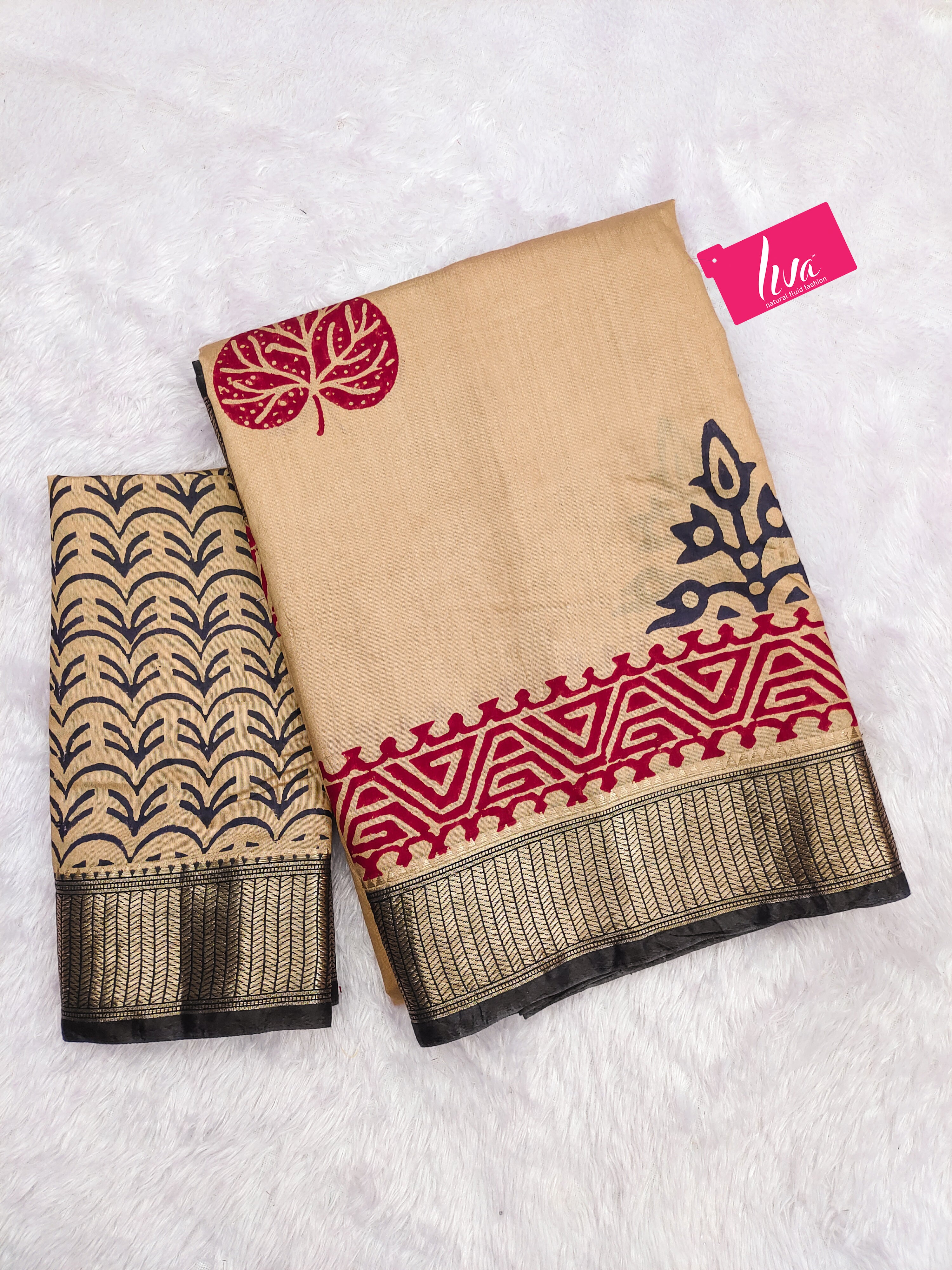 SUTRA3 NATURAL CELLULOSE NYLON AND VISCOSE HAND BLOCK SUTRA SILK BEIGE SAREE