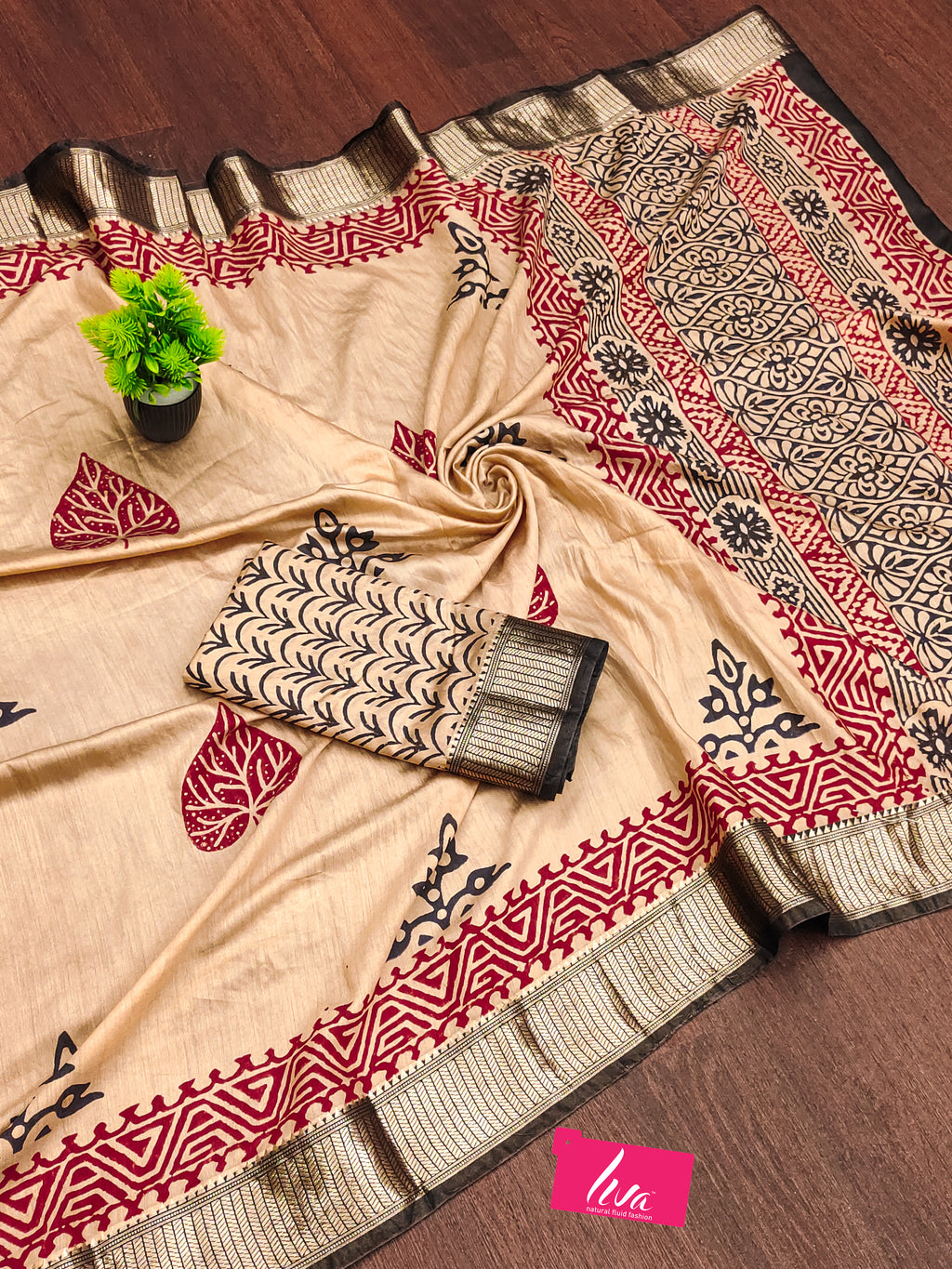 SUTRA3 NATURAL CELLULOSE NYLON AND VISCOSE HAND BLOCK SUTRA SILK BEIGE SAREE