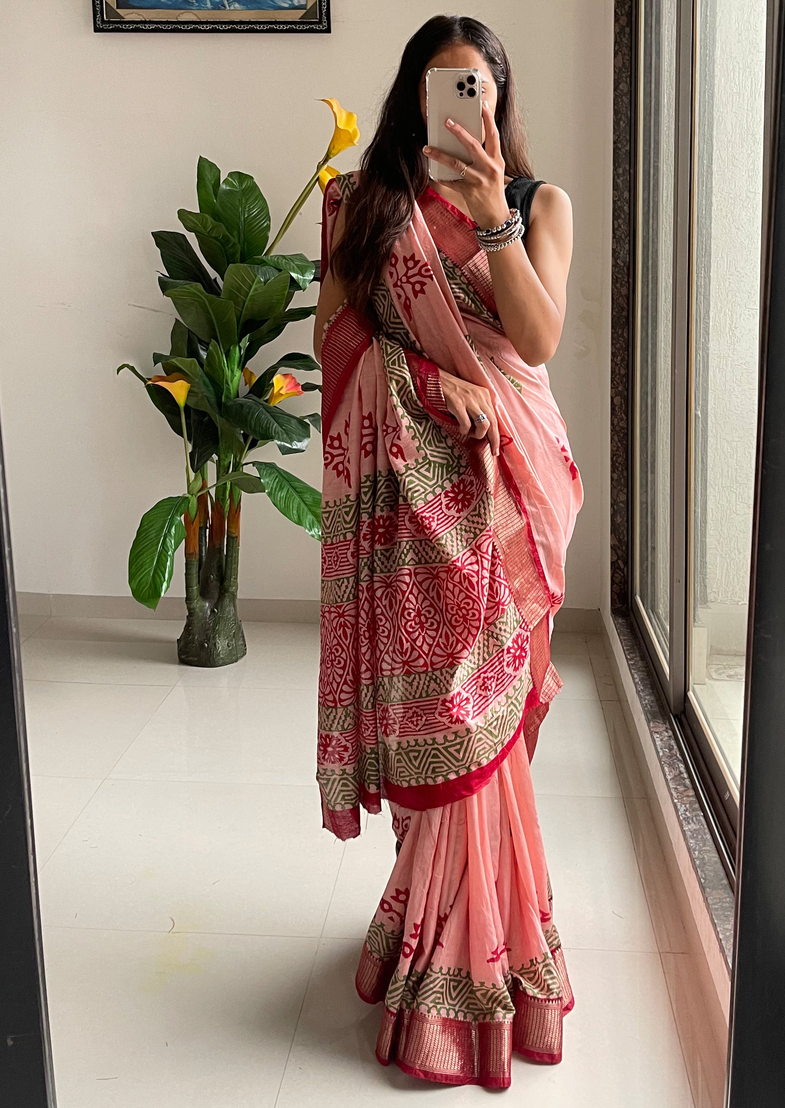 SUTRA3 NATURAL CELLULOSE NYLON AND VISCOSE HAND BLOCK SUTRA SILK DUSTY PINK SAREE