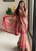 SUTRA3 NATURAL CELLULOSE NYLON AND VISCOSE HAND BLOCK SUTRA SILK DUSTY PINK SAREE