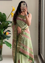 SUTRA3 NATURAL CELLULOSE NYLON AND VISCOSE HAND BLOCK SUTRA SILK PISTA GREEN SAREE