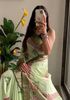 SUTRA3 NATURAL CELLULOSE NYLON AND VISCOSE HAND BLOCK SUTRA SILK PISTA GREEN SAREE