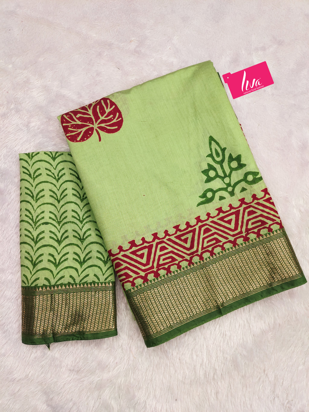 SUTRA3 NATURAL CELLULOSE NYLON AND VISCOSE HAND BLOCK SUTRA SILK PISTA GREEN SAREE