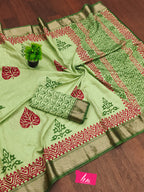 SUTRA3 NATURAL CELLULOSE NYLON AND VISCOSE HAND BLOCK SUTRA SILK PISTA GREEN SAREE