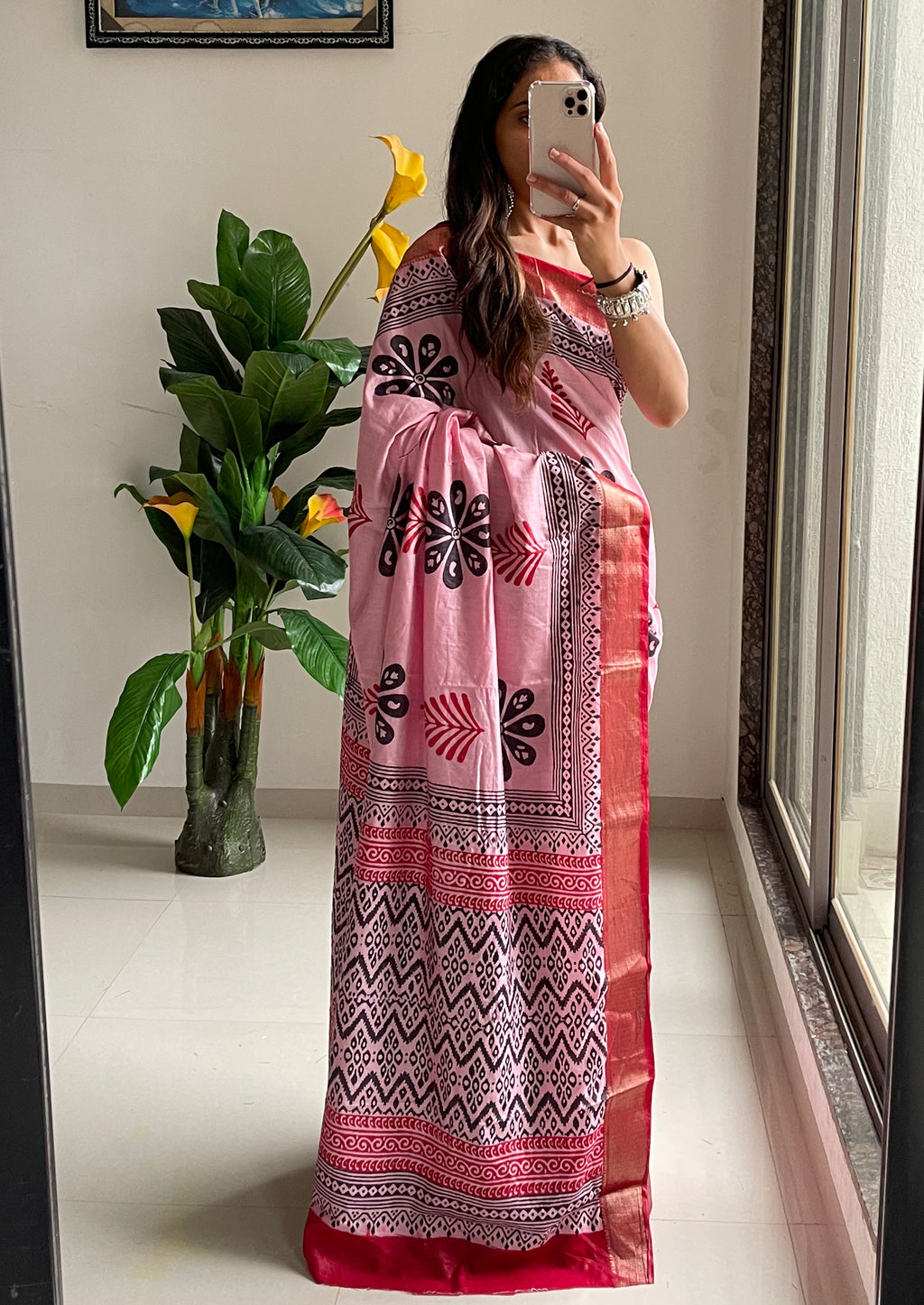 SUTRA4 NATURAL CELLULOSE NYLON AND VISCOSE HAND BLOCK SUTRA SILK BABY PINK SAREE