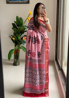 SUTRA4 NATURAL CELLULOSE NYLON AND VISCOSE HAND BLOCK SUTRA SILK BABY PINK SAREE