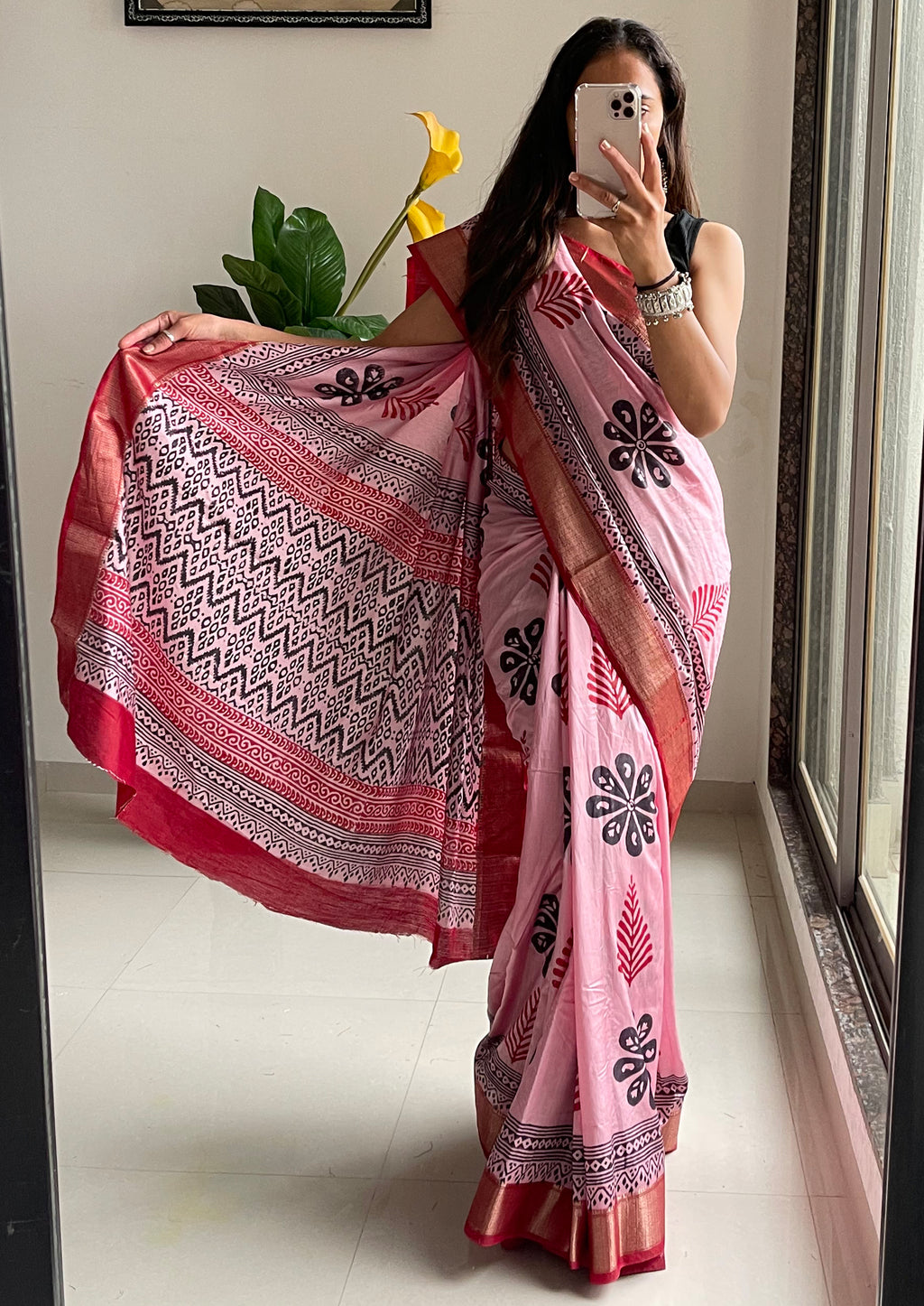 SUTRA4 NATURAL CELLULOSE NYLON AND VISCOSE HAND BLOCK SUTRA SILK BABY PINK SAREE