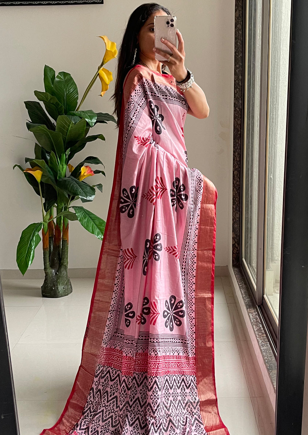 SUTRA4 NATURAL CELLULOSE NYLON AND VISCOSE HAND BLOCK SUTRA SILK BABY PINK SAREE