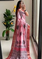 SUTRA4 NATURAL CELLULOSE NYLON AND VISCOSE HAND BLOCK SUTRA SILK BABY PINK SAREE