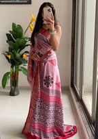 SUTRA4 NATURAL CELLULOSE NYLON AND VISCOSE HAND BLOCK SUTRA SILK BABY PINK SAREE