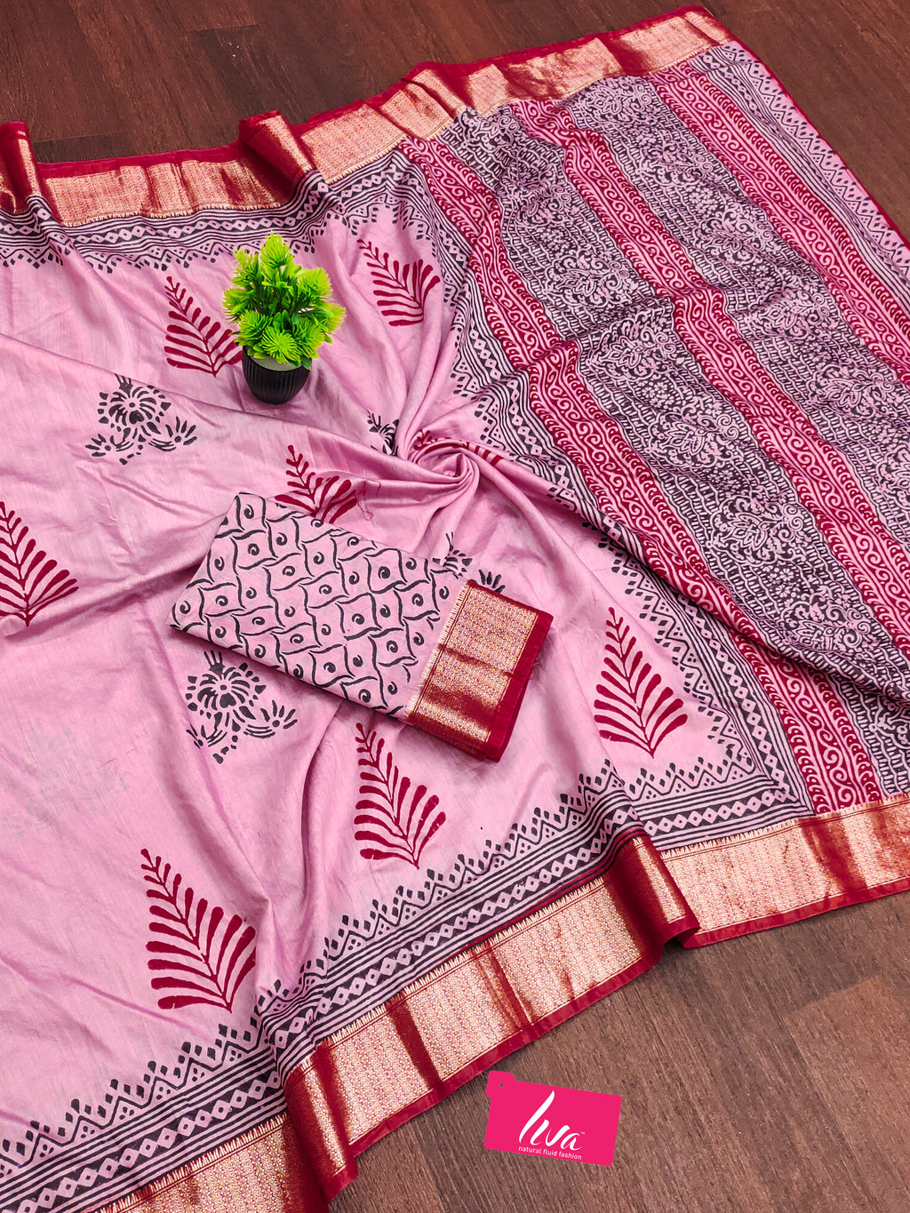 SUTRA4 NATURAL CELLULOSE NYLON AND VISCOSE HAND BLOCK SUTRA SILK BABY PINK SAREE