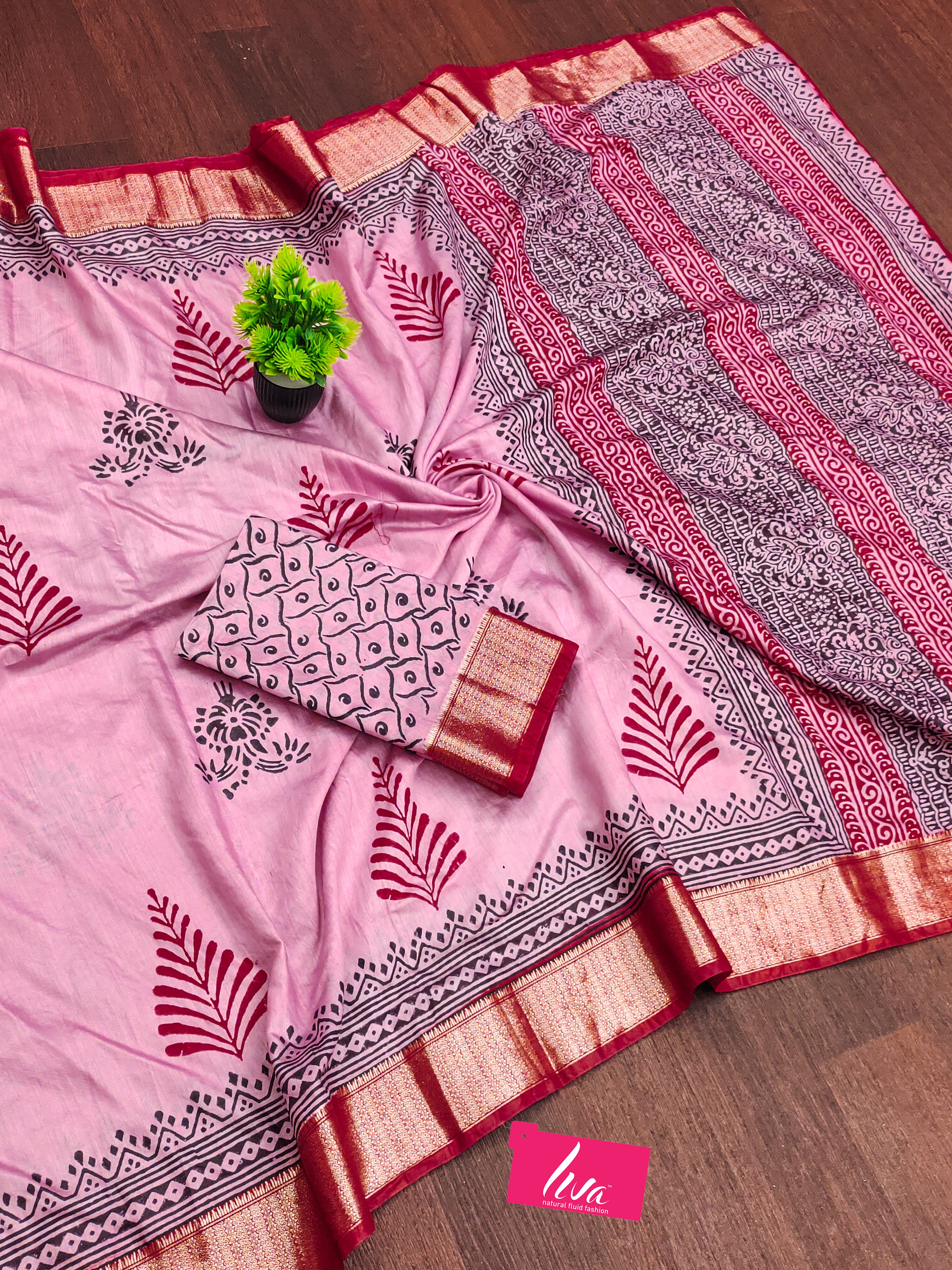 SUTRA4 NATURAL CELLULOSE NYLON AND VISCOSE HAND BLOCK SUTRA SILK BABY PINK SAREE