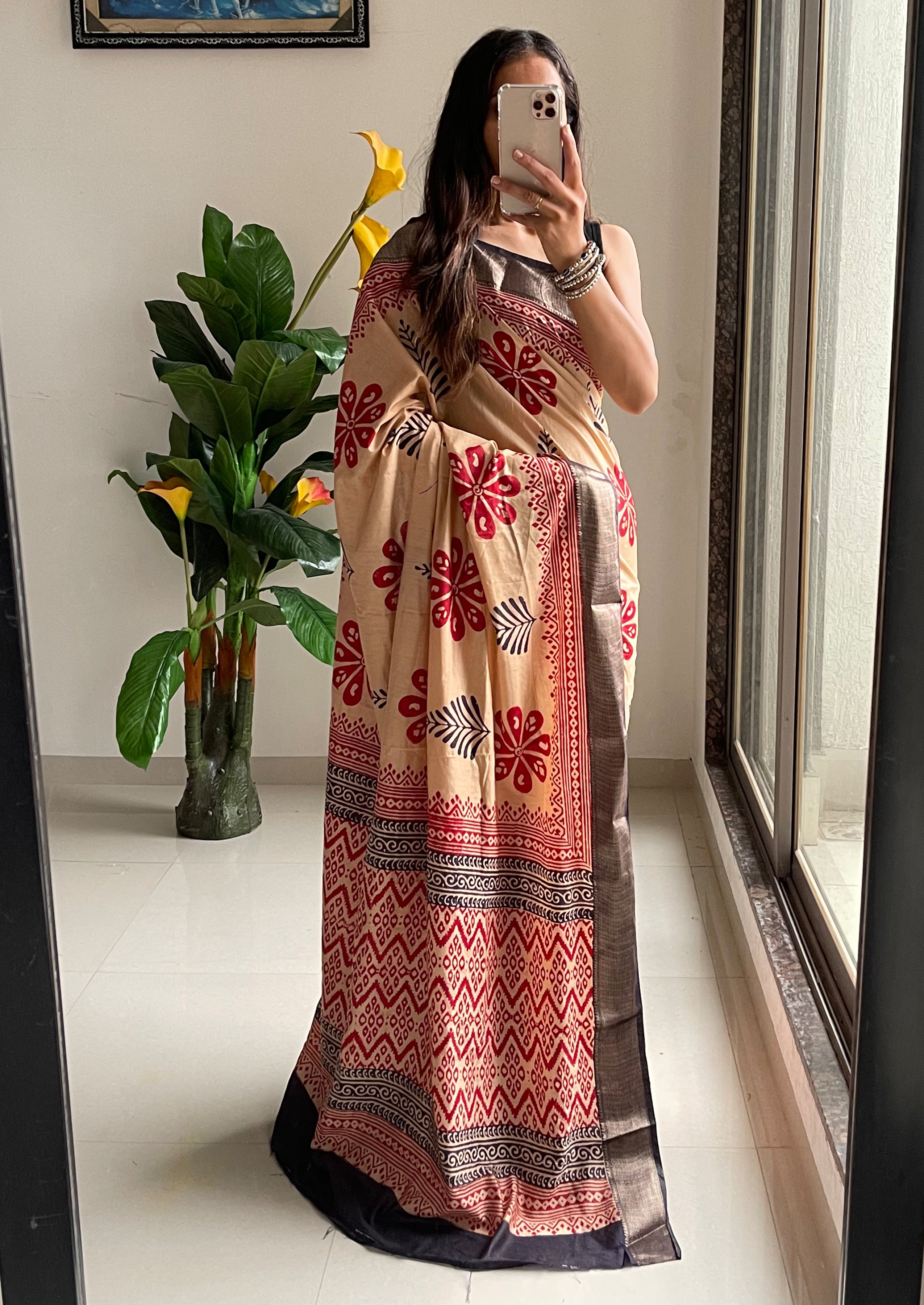 SUTRA4 NATURAL CELLULOSE NYLON AND VISCOSE HAND BLOCK SUTRA SILK BEIGE SAREE