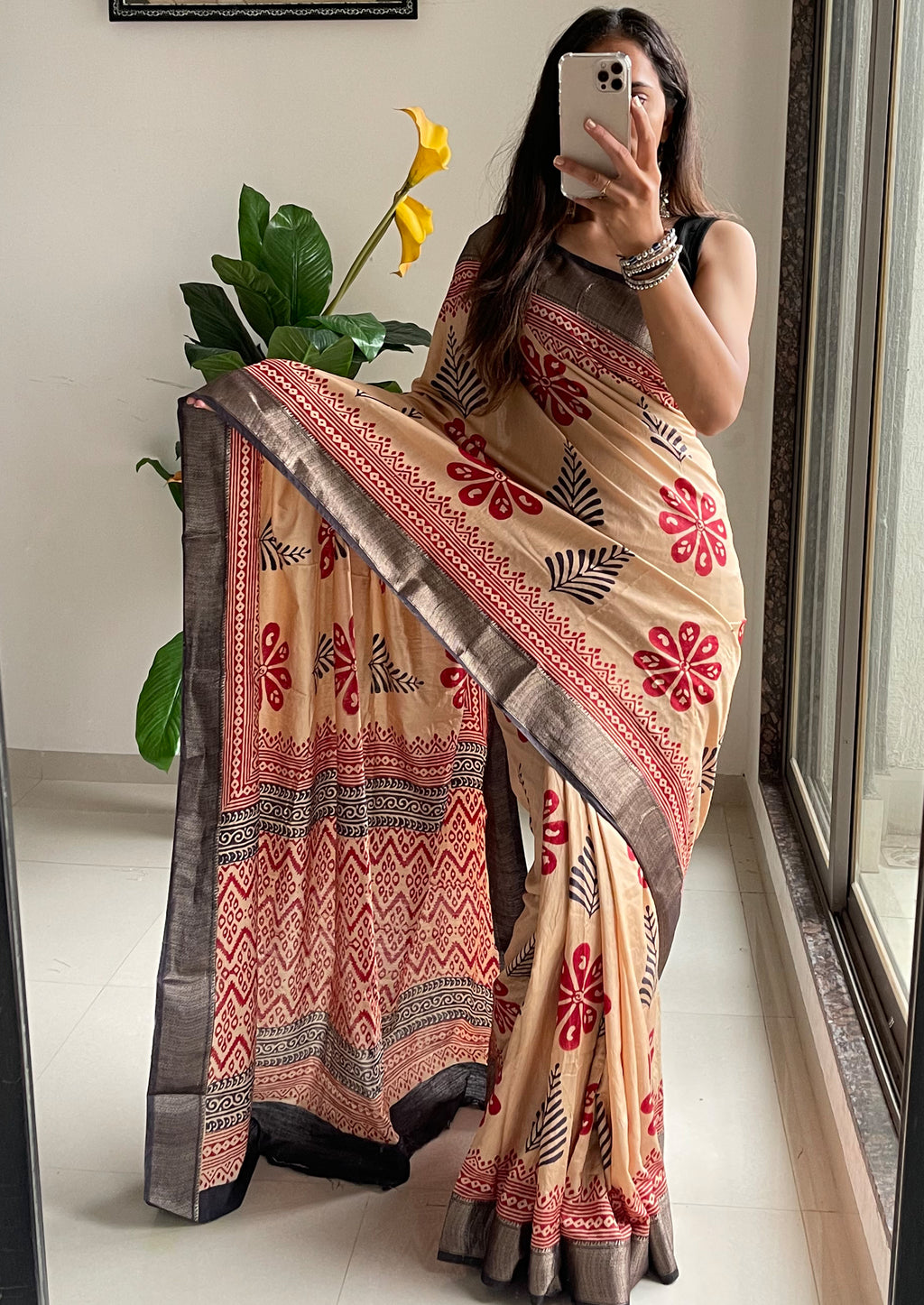 SUTRA4 NATURAL CELLULOSE NYLON AND VISCOSE HAND BLOCK SUTRA SILK BEIGE SAREE