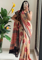 SUTRA4 NATURAL CELLULOSE NYLON AND VISCOSE HAND BLOCK SUTRA SILK BEIGE SAREE