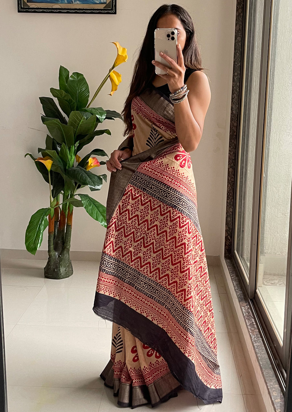 SUTRA4 NATURAL CELLULOSE NYLON AND VISCOSE HAND BLOCK SUTRA SILK BEIGE SAREE