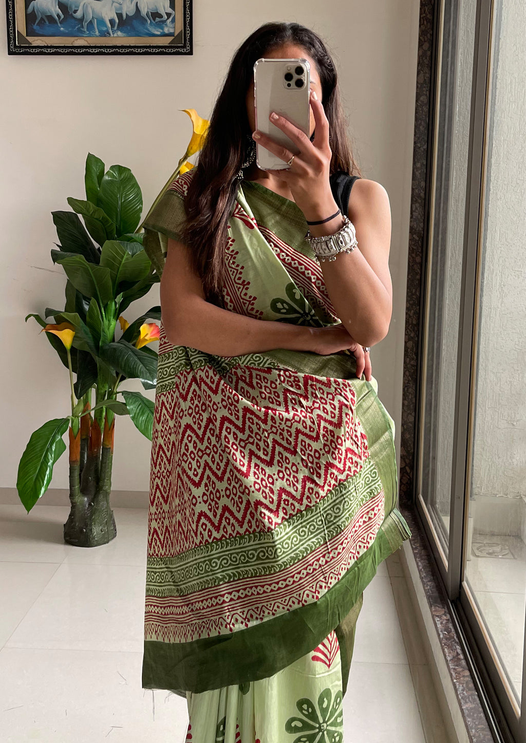 SUTRA4 NATURAL CELLULOSE NYLON AND VISCOSE HAND BLOCK SUTRA SILK PISTA GREEN SAREE