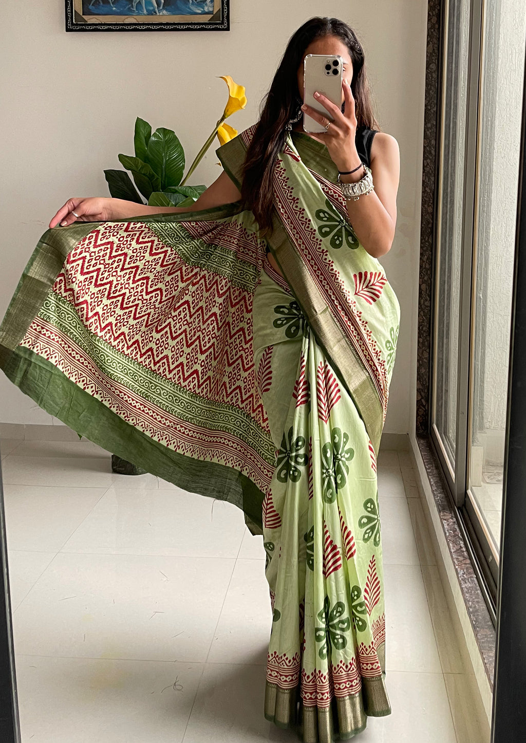 SUTRA4 NATURAL CELLULOSE NYLON AND VISCOSE HAND BLOCK SUTRA SILK PISTA GREEN SAREE