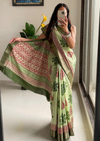 SUTRA4 NATURAL CELLULOSE NYLON AND VISCOSE HAND BLOCK SUTRA SILK PISTA GREEN SAREE