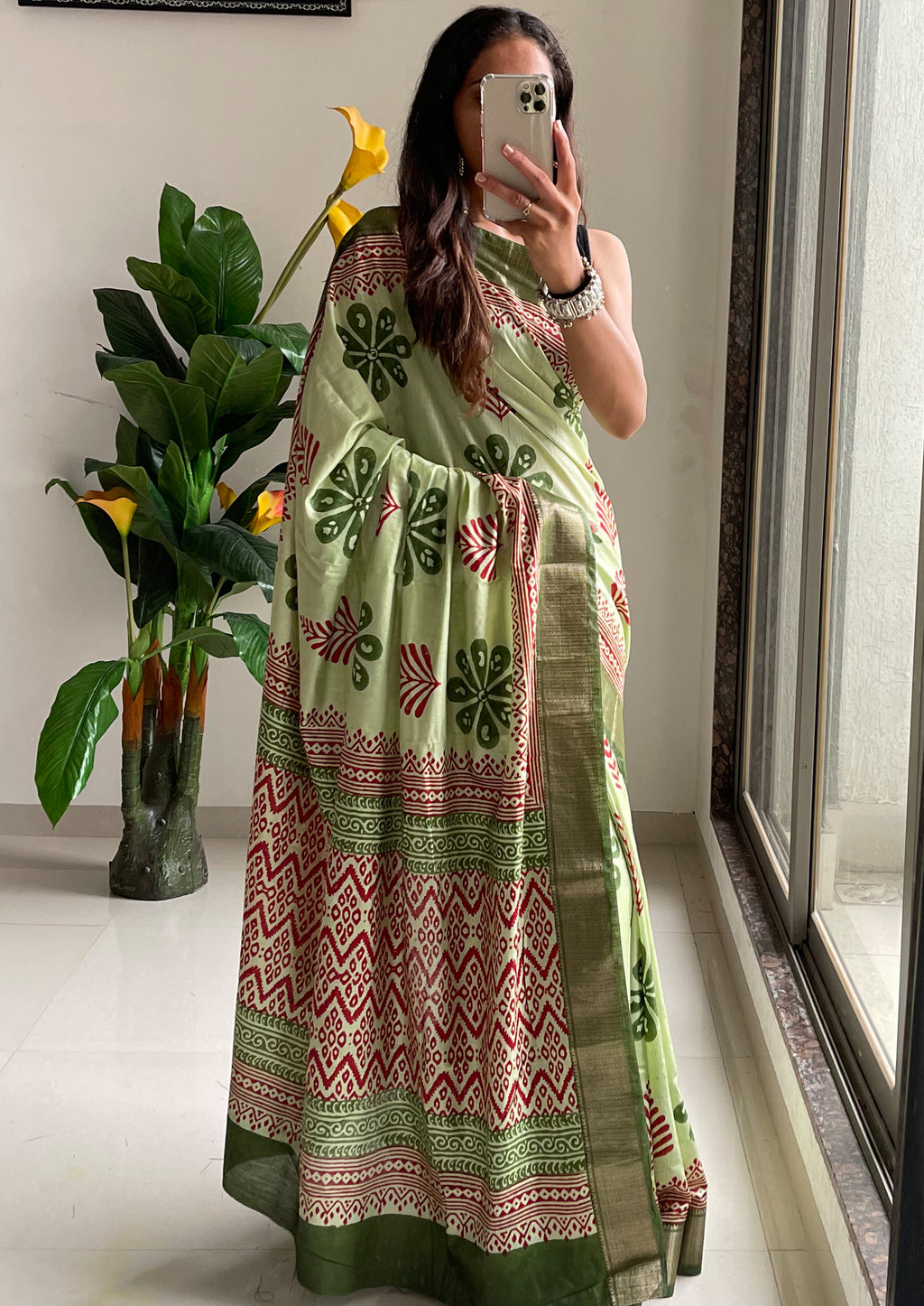 SUTRA4 NATURAL CELLULOSE NYLON AND VISCOSE HAND BLOCK SUTRA SILK PISTA GREEN SAREE