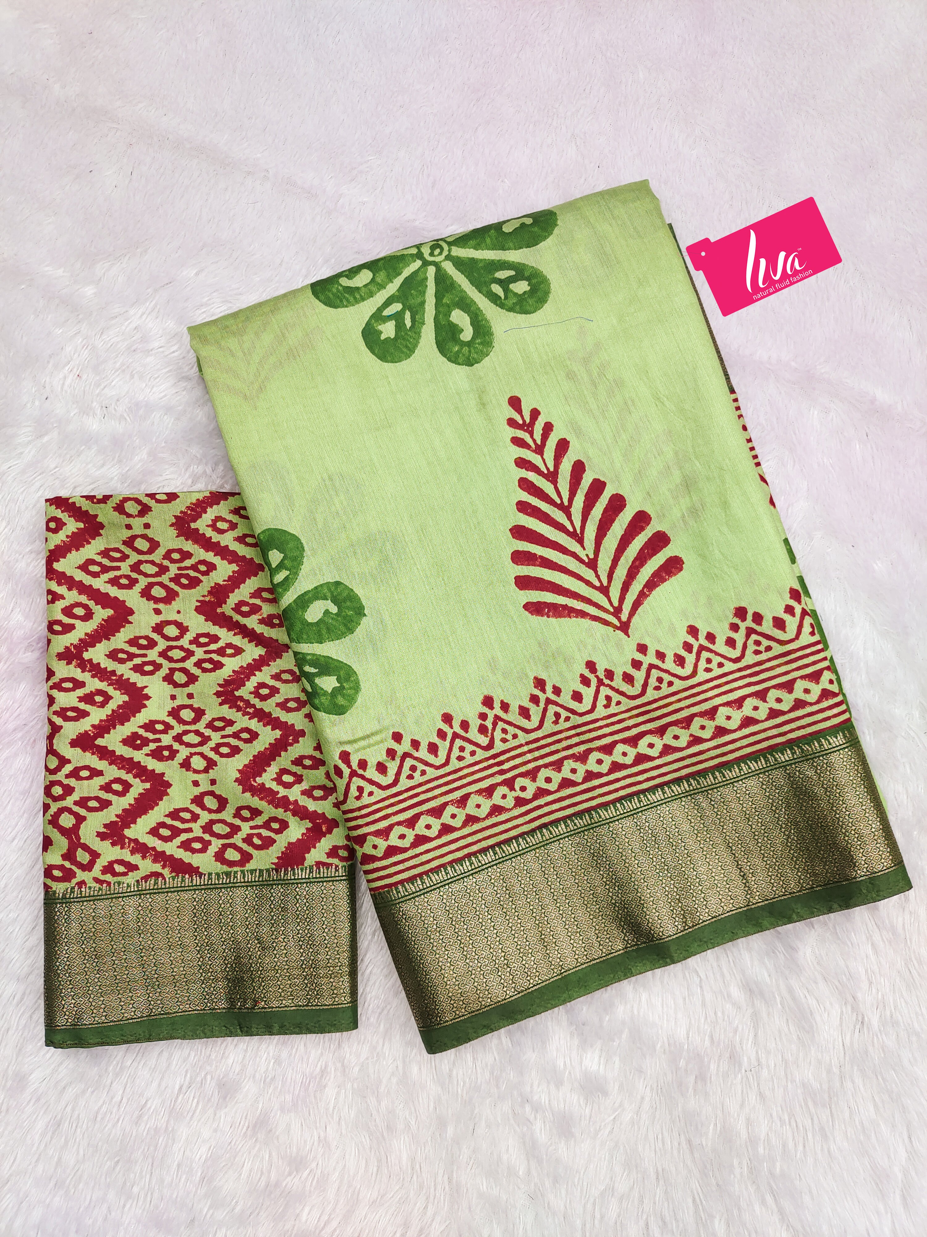 SUTRA4 NATURAL CELLULOSE NYLON AND VISCOSE HAND BLOCK SUTRA SILK PISTA GREEN SAREE