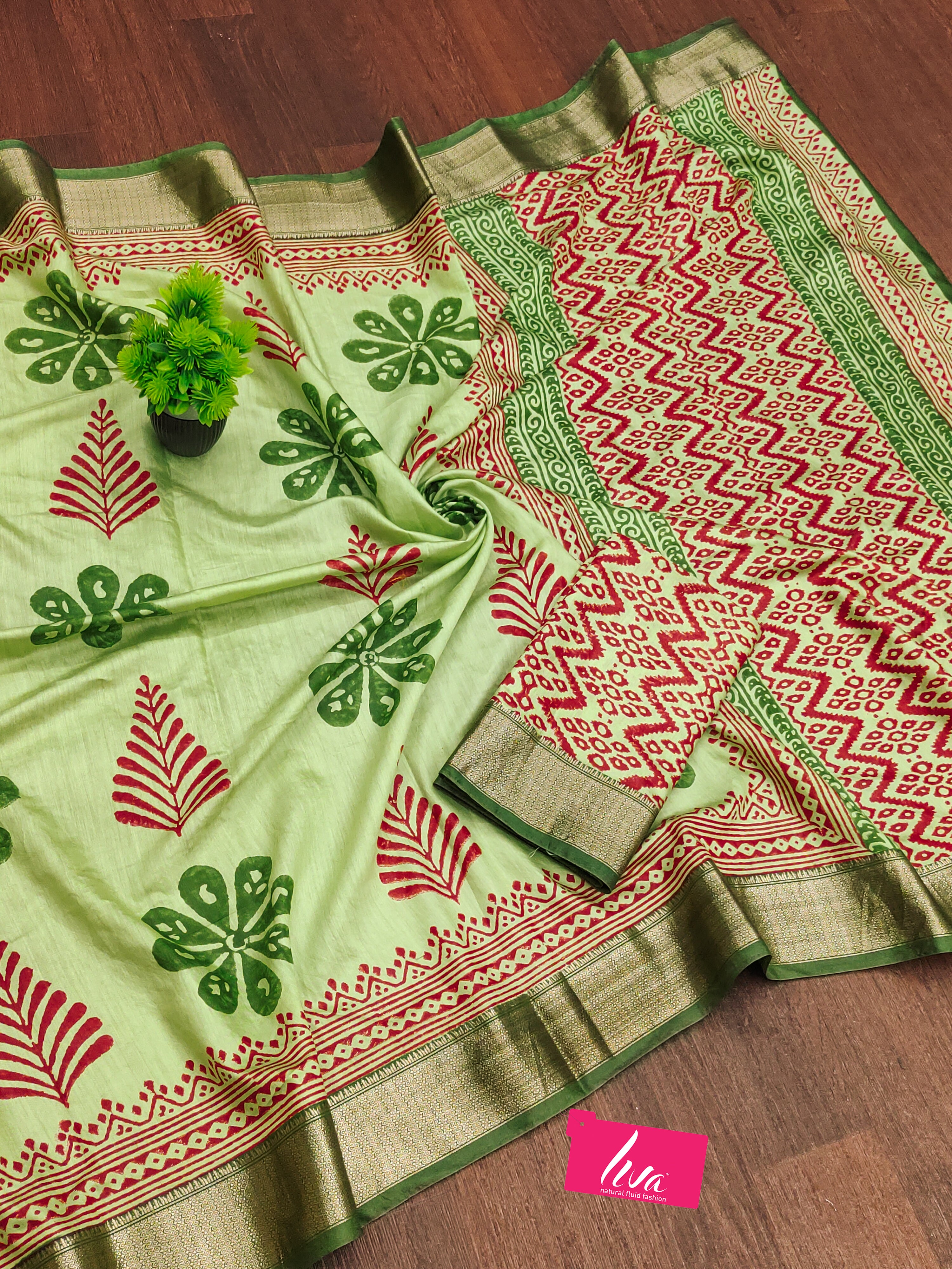 SUTRA4 NATURAL CELLULOSE NYLON AND VISCOSE HAND BLOCK SUTRA SILK PISTA GREEN SAREE