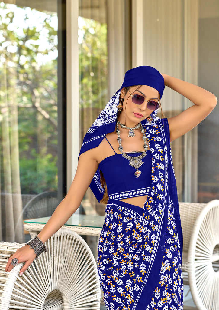 TAAPTI PURE MULMUL COTTON HAND PRINTD BLUE SAREE