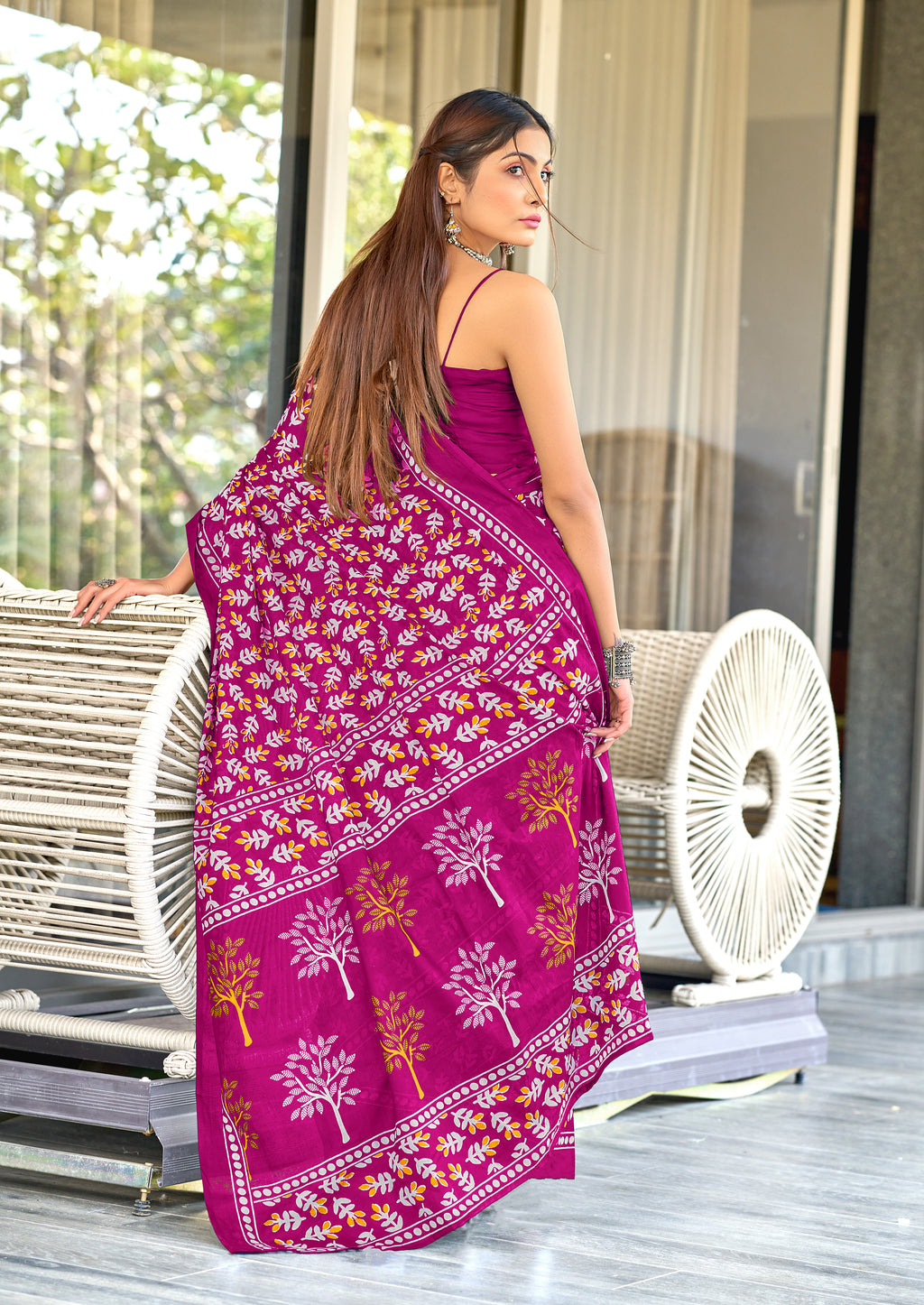 TAAPTI PURE MULMUL COTTON HAND PRINTD PINK SAREE