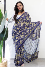 THE AJRAKH PURE MULMUL COTTON  BLOCK PRINT BLUE AND WHITE SAREE