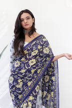 THE AJRAKH PURE MULMUL COTTON  BLOCK PRINT BLUE AND WHITE SAREE