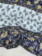 THE AJRAKH PURE MULMUL COTTON  BLOCK PRINT BLUE AND WHITE SAREE