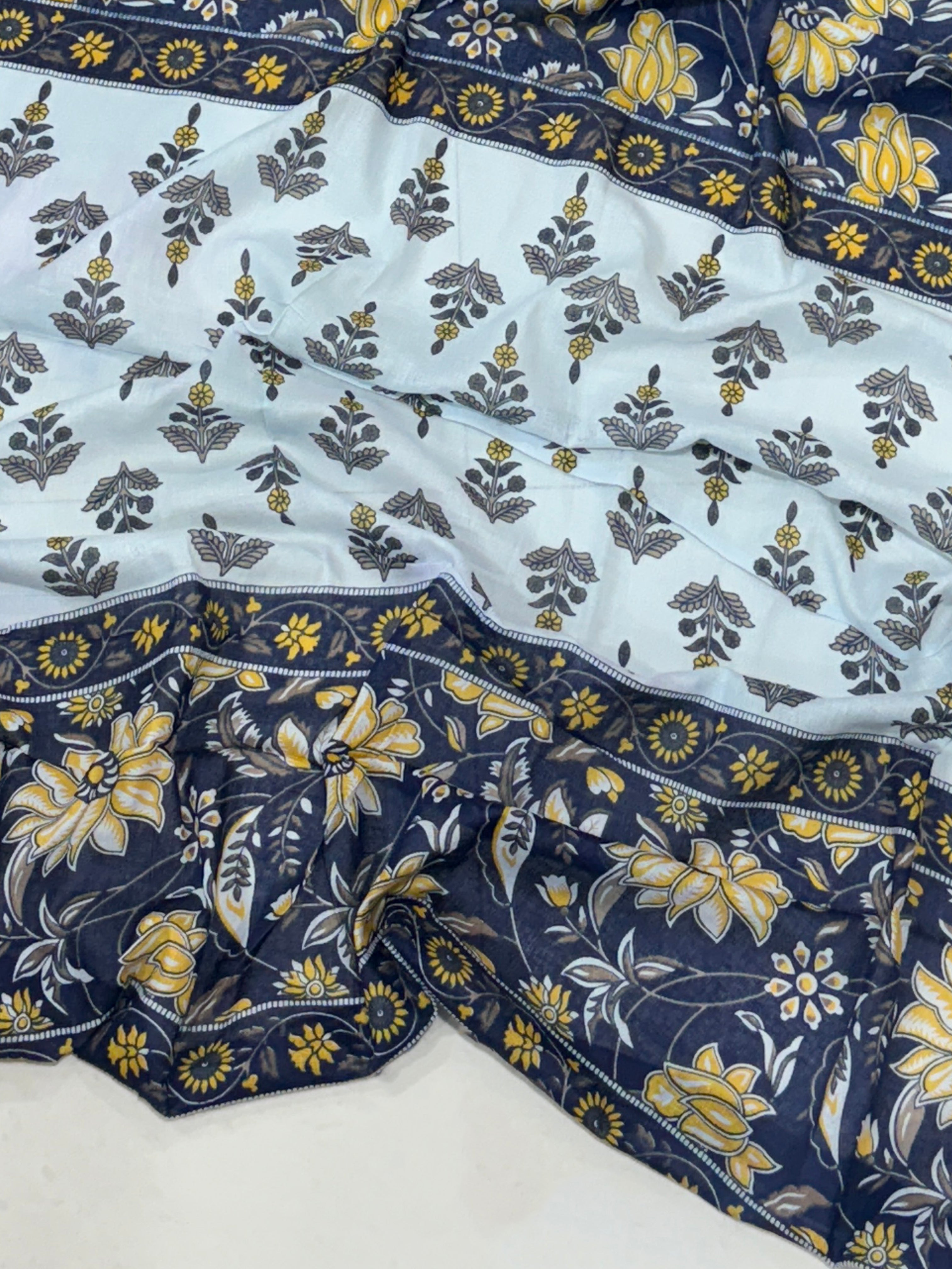 THE AJRAKH PURE MULMUL COTTON  BLOCK PRINT BLUE AND WHITE SAREE