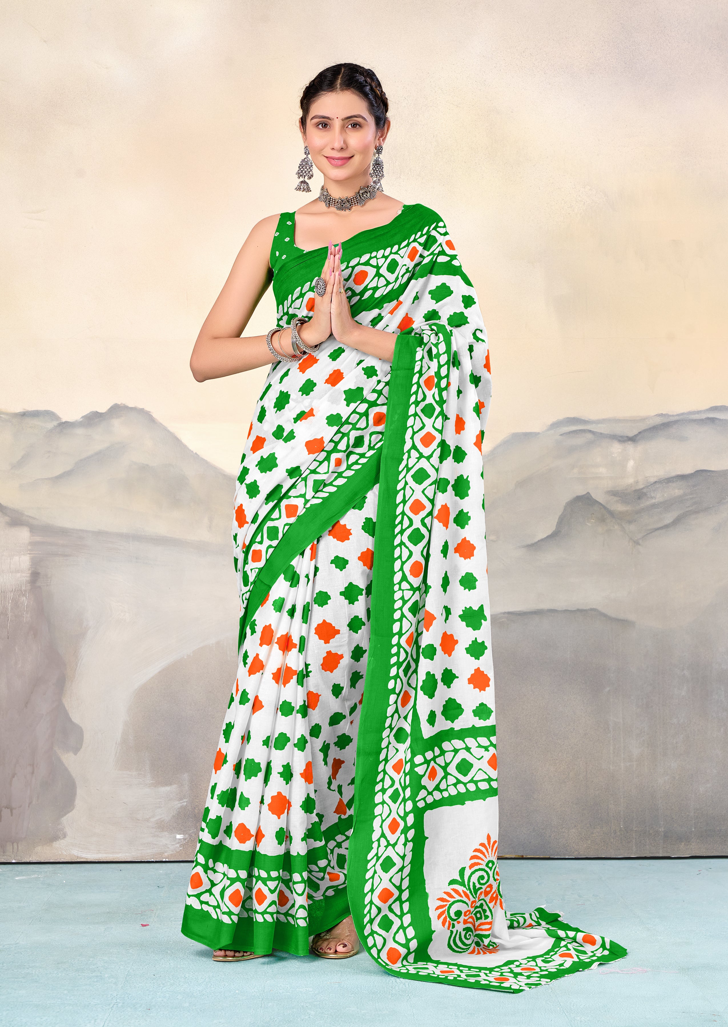 TIRNGA SOFT PURE COTTON BLOCK PRINTED GREEN SAREE