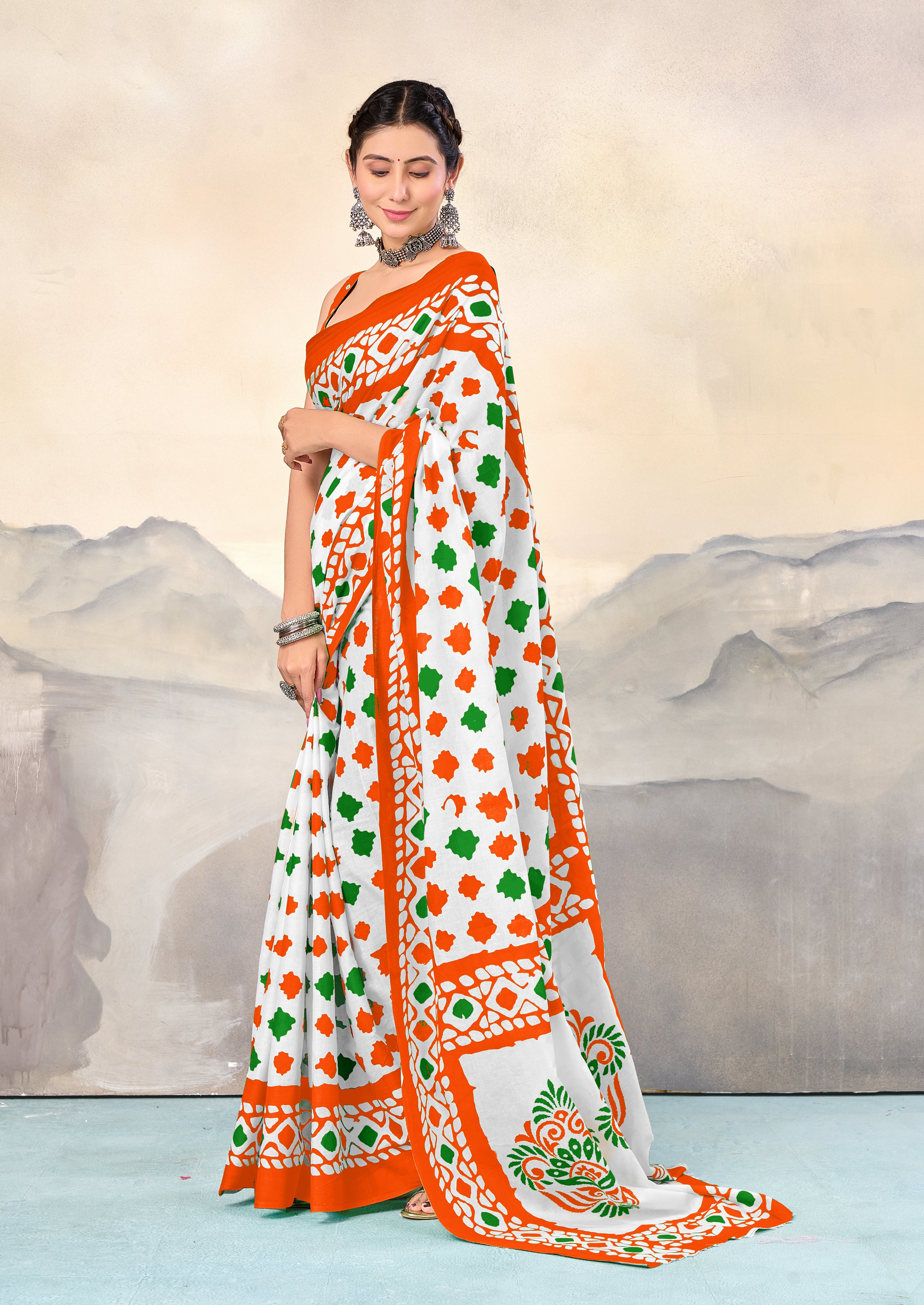 TIRNGA SOFT PURE COTTON BLOCK PRINTED ORANGE SAREE
