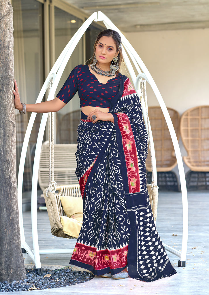 VAMIKA PURE MULMUL COTTON IKKAT HAND BLOCK PRINT PURPLE SAREE