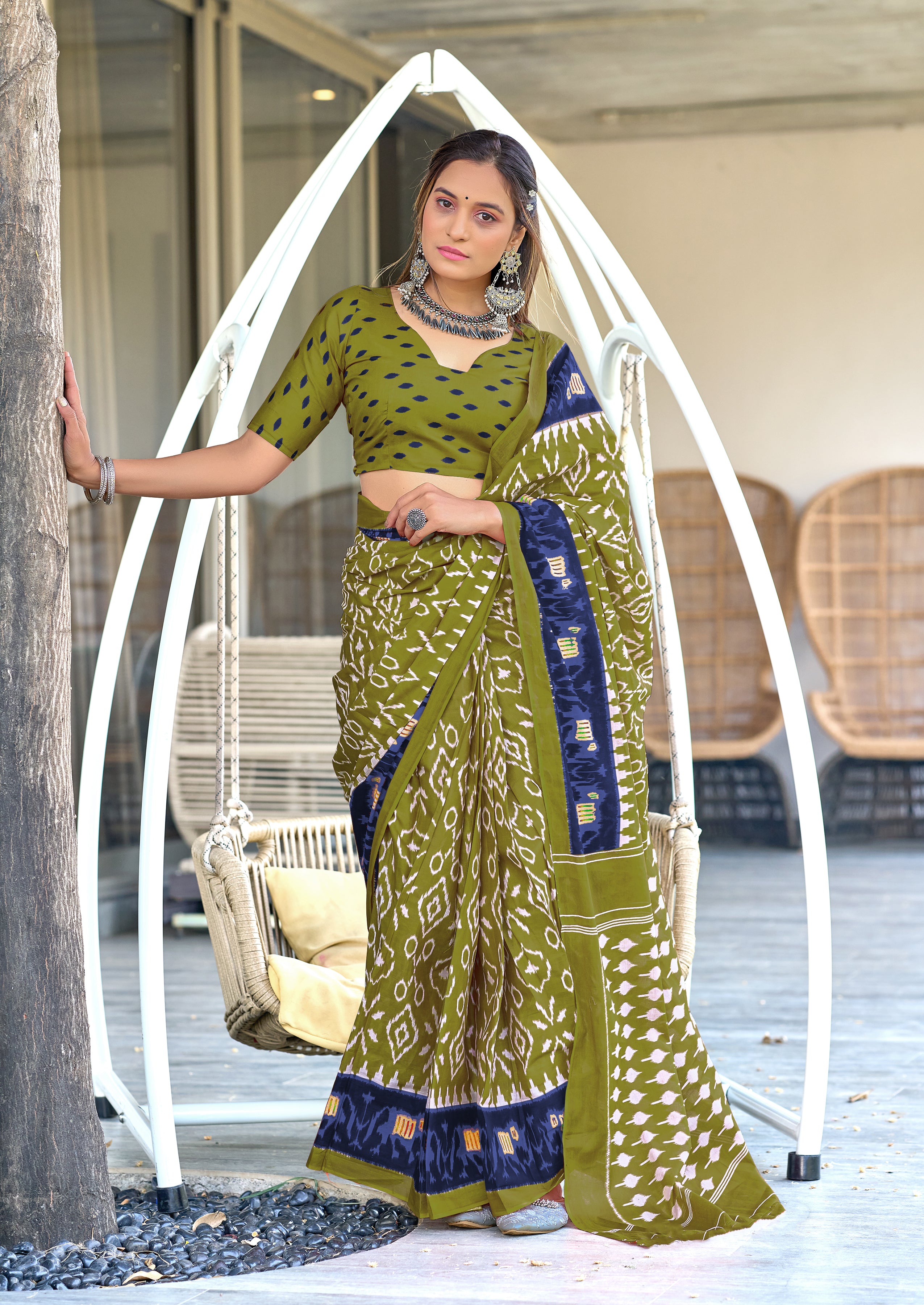 VAMIKA PURE MULMUL COTTON IKKAT HAND BLOCK PRINT OLIVE GREEN SAREE
