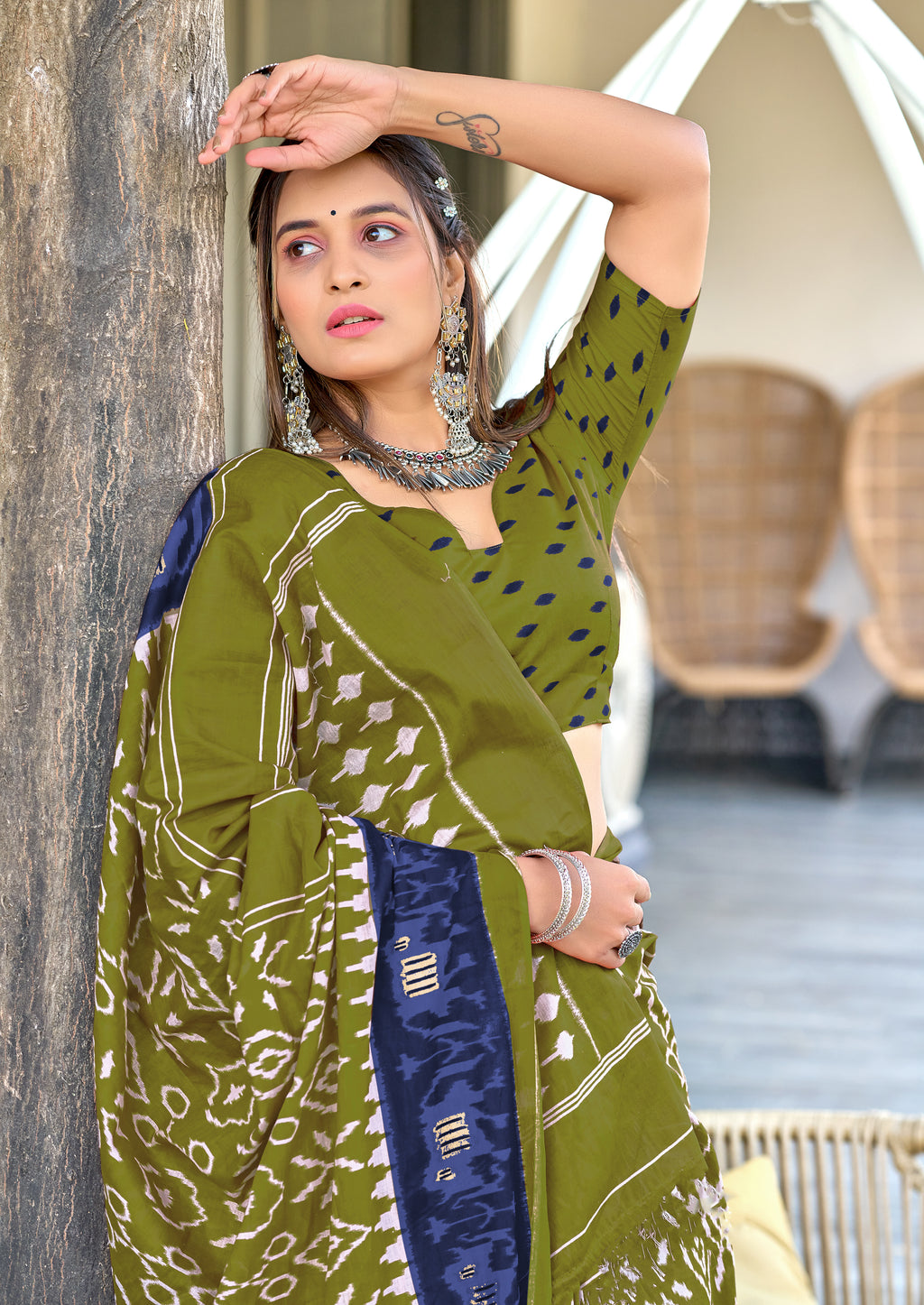 VAMIKA PURE MULMUL COTTON IKKAT HAND BLOCK PRINT OLIVE GREEN SAREE
