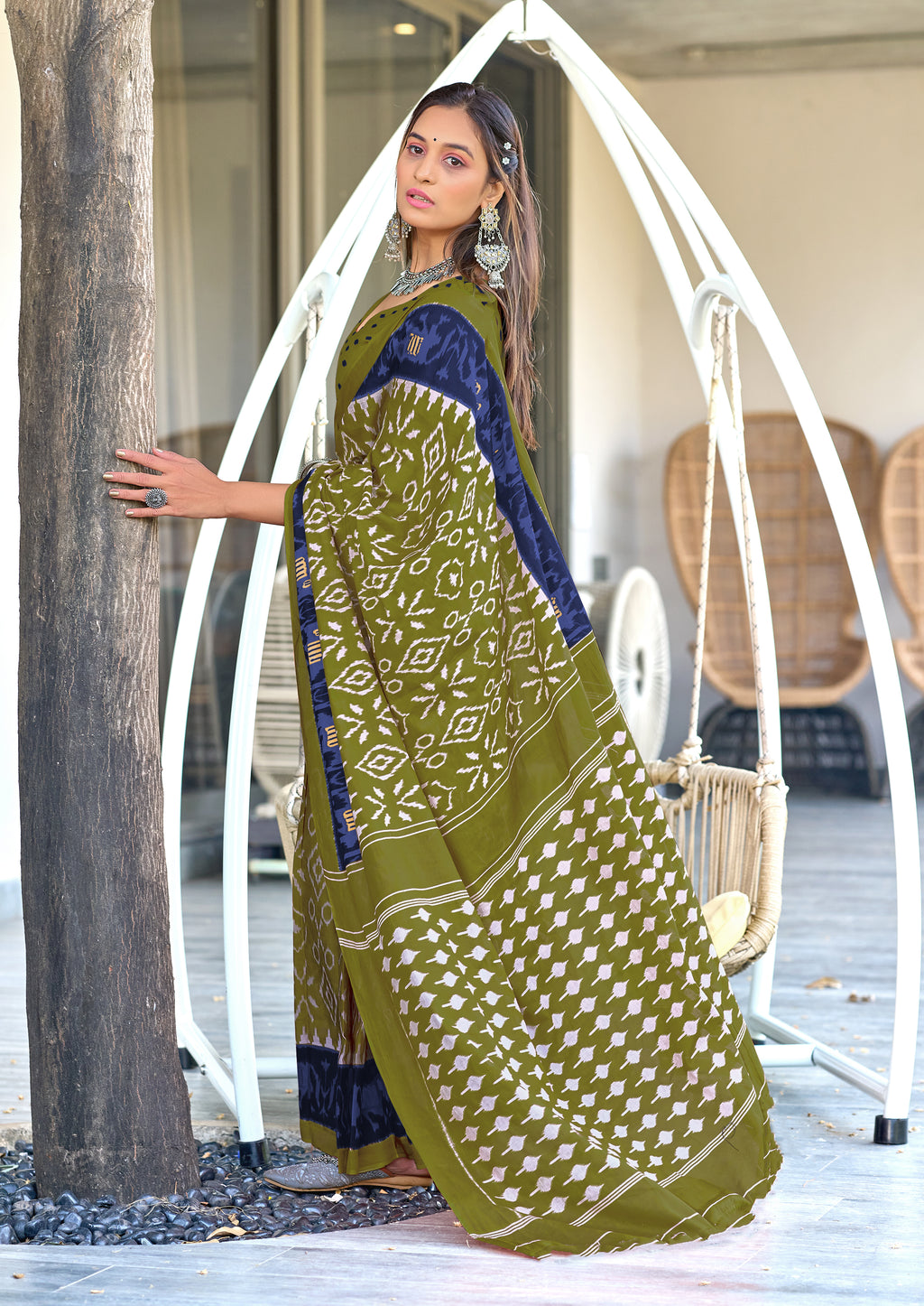 VAMIKA PURE MULMUL COTTON IKKAT HAND BLOCK PRINT OLIVE GREEN SAREE