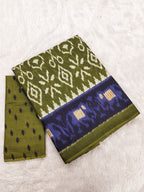 VAMIKA PURE MULMUL COTTON IKKAT HAND BLOCK PRINT OLIVE GREEN SAREE